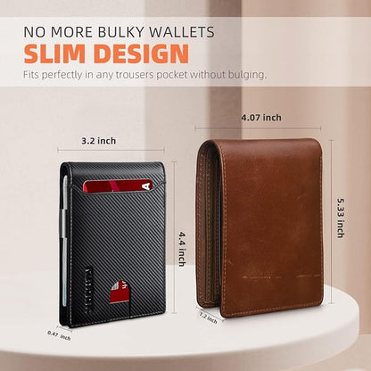 RUNBOX Slim Wallets for Men - Leather Money Clip Mens Wallet - RFID Blocking Front Pocket Bifold Wallet - Thin Credit Card Holder with Gift Box