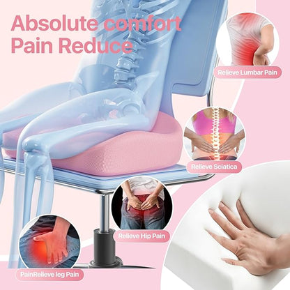 Seat Cushion, Extra Large Memory Foam Cushion for Office Chair Cushions, Ergonomic Cushions Pad Pillow for Pressure Relief Sciatica & Pain Relief for Long Sitting, Pink