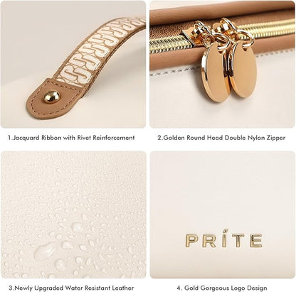 Prite Makeup Bag for Women Travel Waterproof Vegan Leather Cosmetic Bag Open Flat Toiletry Bag With Clear Divider and Handle (Beige)
