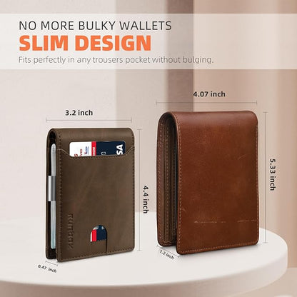 RUNBOX Slim Wallets for Men - Leather Money Clip Mens Wallet - RFID Blocking Front Pocket Bifold Wallet - Thin Credit Card Holder with Gift Box