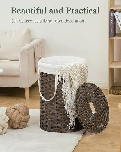 Laundry Hamper with Lid, 19.0 Gal (72 L) Round Wicker Laundry Basket, Handwoven Rattan Basket with Lid, Removable Bag, 2 Mesh Bags, Handles for Living Room, Bathroom, Brown