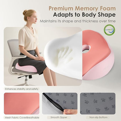 FLORICH Seat Cushion, Memory Foam Seat Cushion for Car Office Chair, Ergonomic Office Seat Chair Cushion for Sciatica Pain Relief, Larger Seat Cushion for for Long Sitting Office Workers - Pink