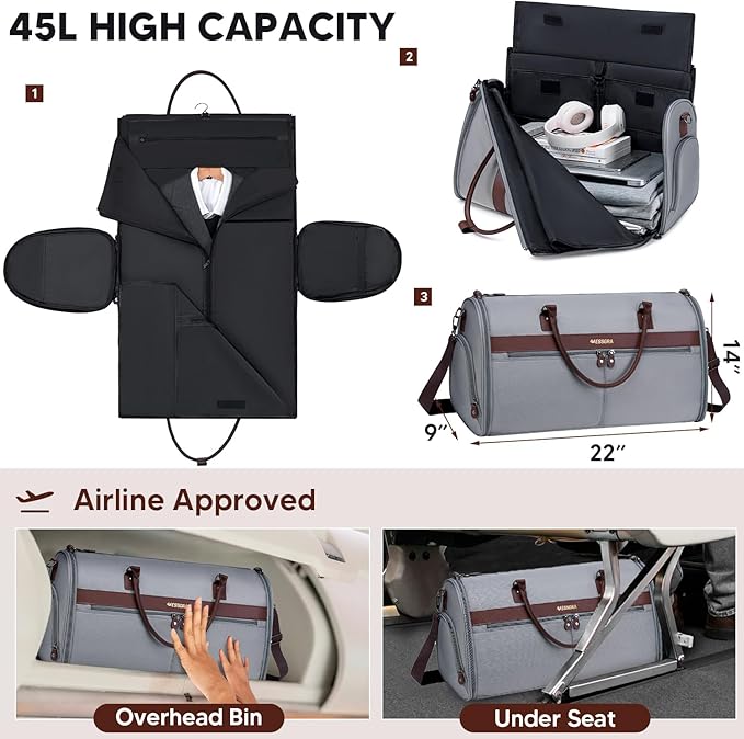 Carry On Garment Bags for Travel, Convertible Garment Duffle Bag for Men Women, 2 in 1 Suit Bag Travel Duffel Bag with Shoes Compartment & Detachable Shoulder Strap