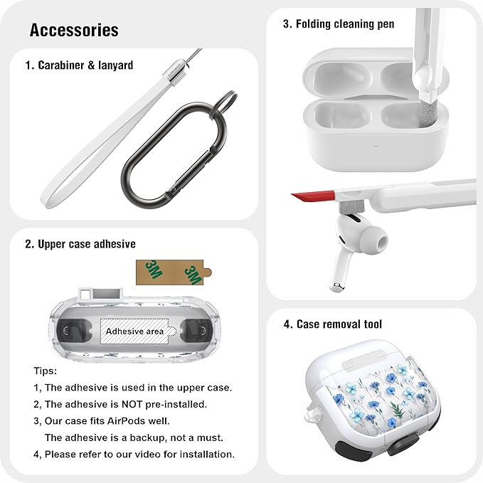 WENEW Case for AirPods 3 Case Cover Secure Lock Automatic Snap Switch Clip Cleaner Kit Lanyard Women Stylish Flower Armour Hard Shell Full Body Front LED Visible (Blue Flower, AirPods 3rd)