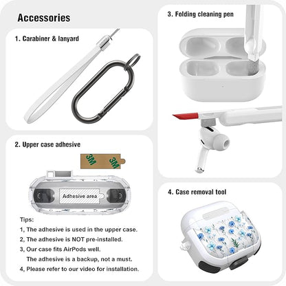 WENEW Case for AirPods 3 Case Cover Secure Lock Automatic Snap Switch Clip Cleaner Kit Lanyard Women Stylish Flower Armour Hard Shell Full Body Front LED Visible (Blue Flower, AirPods 3rd)