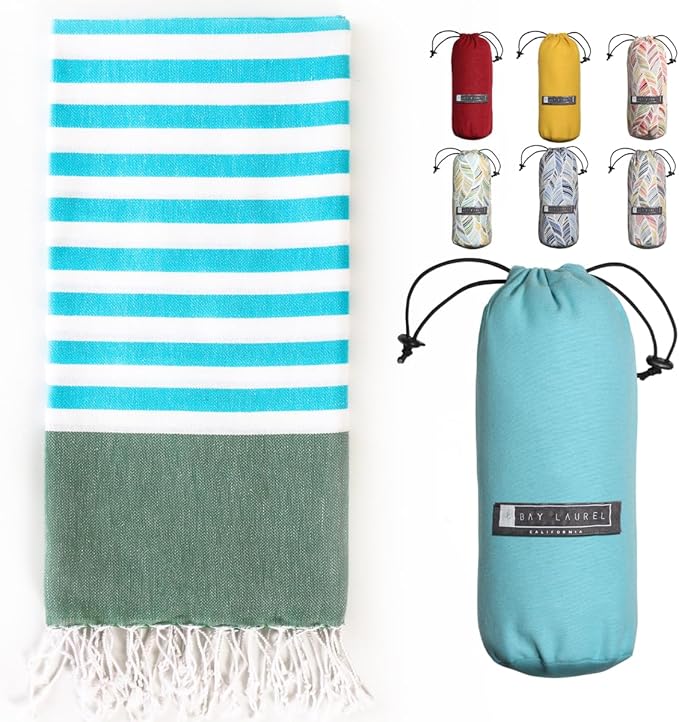 BAY LAUREL Turkish Beach Towel with Travel Bag 39 x 71 Quick Dry Sand Free Lightweight Large Oversized Towels Light