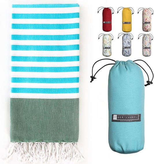 BAY LAUREL Turkish Beach Towel with Travel Bag 39 x 71 Quick Dry Sand Free Lightweight Large Oversized Towels Light