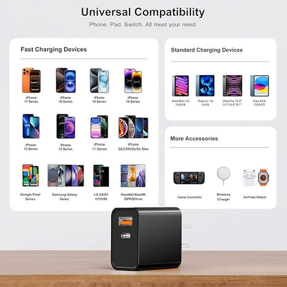 3 Pack Type C Charger, Dual Port USB C Wall Plug 20W PD & QC3.0 USB A Fast Charging Block for Samsung Galaxy S24 S23/S3+/S23 Ultra/S22/S22+/S22 FE/Note 20 Ultra/10, iPhone 16/17 Brick Box(Black)