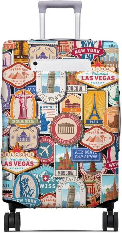 Landmark Sticker Travel Luggage Cover, Travel-Themed Suitcase Protector Stretchable, Washable Travel Suitcase Cover (L for 25-28 Inch Luggage)