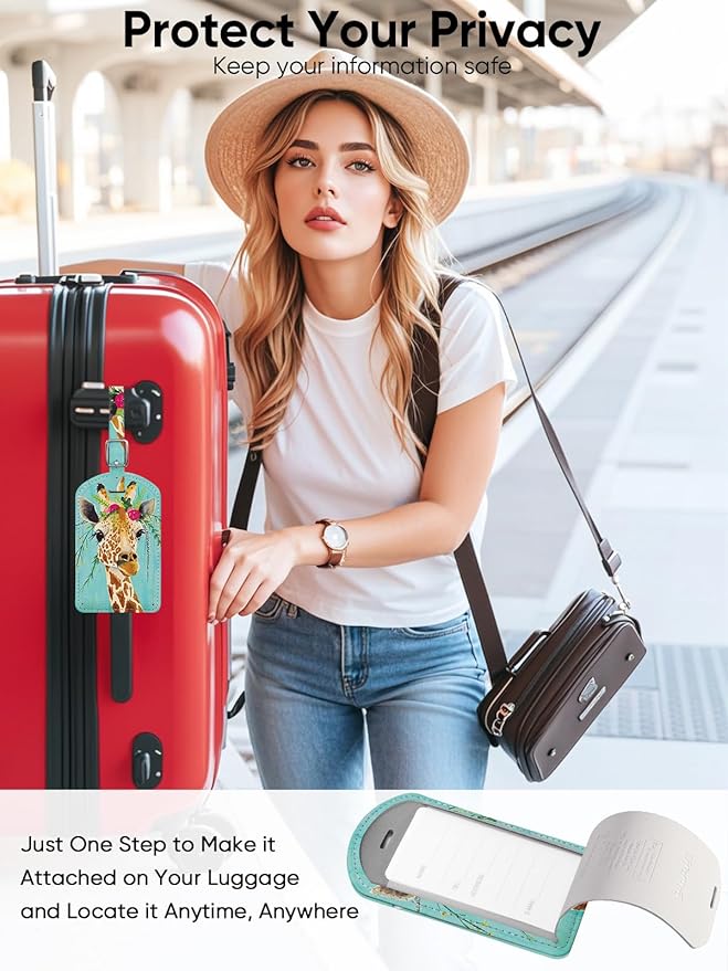Luggage Tags Built-in Anti-Loss Tracker, Luxury Leather Luggage Tags for Suitcase, Travel Bags, Backpacks, Travel Organizer for Lost Baggage Prevention (Giraffe)