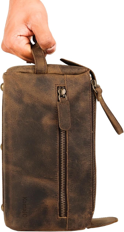 KomalC Premium Buffalo Leather Toiletry Bag for Men & Women – Leather Dopp Kit With Water resistant Lining, Premium Toiletry Travel Pouch, Unisex Wash Bag for Toiletries, Gifts for Men and Women