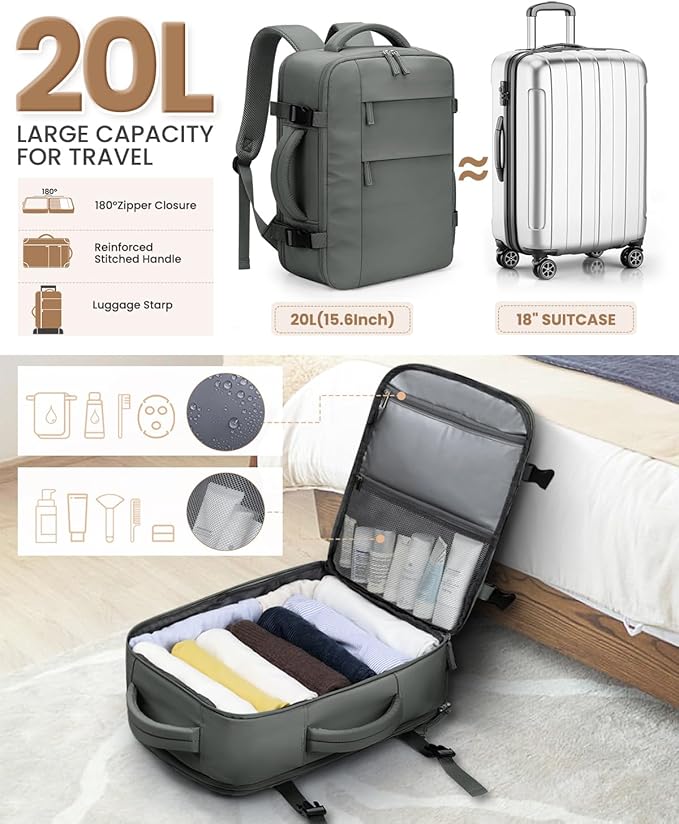 Travel Backpack for Women Man, Waterproof Personal Item Travel Bag Airline Approved Laptop Backpack Bookbag Weekender bags for Business,Travel, Work Fits 15.6 inch Laptop(Medium,Green)