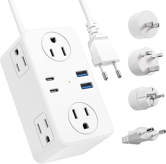 European Travel Plug Adapter, EU/UK/US Travel Plug Adapter Power Strip, 6 AC Outlets, 4 USB Ports (2 USB C), 3ft Wrapped Around Extension Cord, Universal Travel Adapter