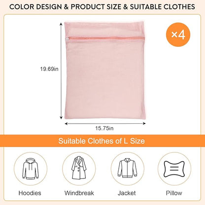 4-Piece Pink Large Durable Organic Cotton Mesh Laundry Bags with Sturdy Zippers and Breathable Mesh are Delicate Laundry Bags for Underwear, Clothes, Pants and Socks