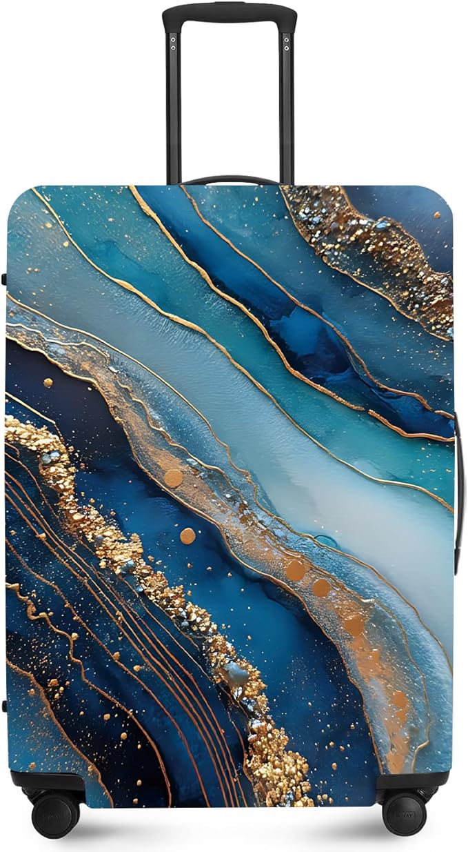 FOREVER QUEEN Luxury Golden Blue Marble Luggage Cover Suitcase Protector Suitcase Cover Anti-Scratch,Stretchable Bag Cover Washable Durable Polyester