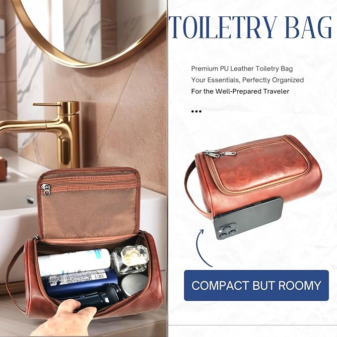 Mens Toiletry Bag, Water-resistant Dopp Kit For Men Travel, PU Leather Toiletries Bag Shaving Kit, Compact Organizer With Wrist Strap, Grooming Essentials For Vacation, Gym & Camping，Rust
