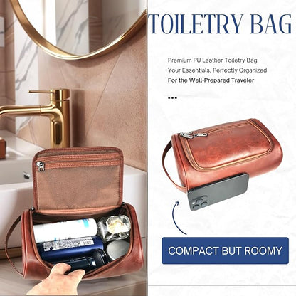 Mens Toiletry Bag, Water-resistant Dopp Kit For Men Travel, PU Leather Toiletries Bag Shaving Kit, Compact Organizer With Wrist Strap, Grooming Essentials For Vacation, Gym & Camping，Rust