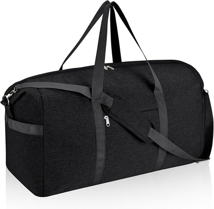 Felipe Varela 65L Duffle Bag with Shoes Compartment, Foldable Carry on Bag Travel Duffel Bags Overnight weekender Gym Bag with Wet Pocket for Women Men(Black)