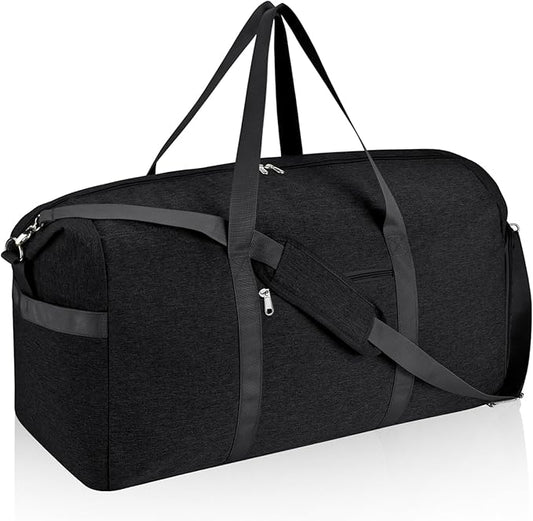 Felipe Varela 65L Duffle Bag with Shoes Compartment, Foldable Carry on Bag Travel Duffel Bags Overnight weekender Gym Bag with Wet Pocket for Women Men(Black)
