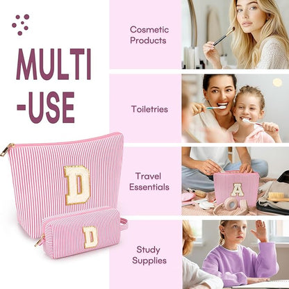 2 PCS Initial Makeup Bags for Women: Cosmetic Bag for Travel Toiletry - Birthday Gifts for 11 12 13 14 15 16 17 18 Years Old Girl Graduation Teacher Gift- Teen Girl Gifts Trendy Stuff - Pink D