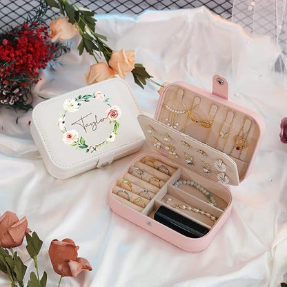 Personalized Jewelry Box for Women, Custom Travel Jewelry Case with Name and Birth Flower, Leather Jewelry Box for Rings, Earrings, Necklaces, Personalized Gifts for Women