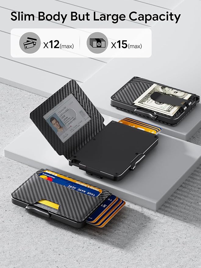 Wallet for Men, Mens Wallet Minimalist Slim Wallet, RFID Blocking Smart Pop Up Wallet with Money Clip & ID Window, Metal Compact Wallet, Aluminum Credit Card Holder Wallet