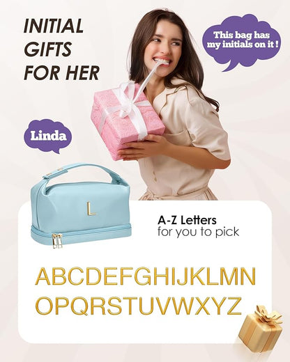 Trendy Gifts for Women, Personalized Makeup Bag with Handle, Initial Double Layer Cosmetic Bag with Makeup Brush Organizer, Customized Gifts for Woman, Gifts for 20 Year Old Female