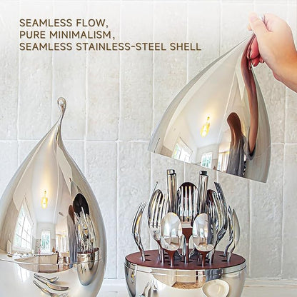 KINGSTONE Silverware Set with Waterdrop Storage Organizer, Luxury 20 Piece Flatware Set for 4, 18/10 Stainless Steel Cutlery Set with Diamond Cut Pattern Ideal for Kitchen,Party and Gift