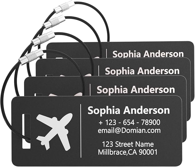 4 Personalized Metal Luggage Tags, Laser Engrave Name and Logo, Custom Aluminum Suitcase Tags with Steel Ring, for Travel, Backpack, Baggage (Black)