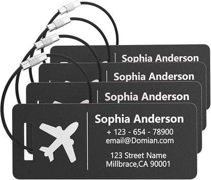 4 Personalized Metal Luggage Tags, Laser Engrave Name and Logo, Custom Aluminum Suitcase Tags with Steel Ring, for Travel, Backpack, Baggage (Black)