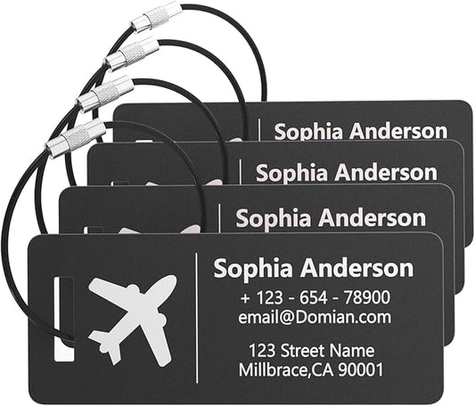 4 Personalized Metal Luggage Tags, Laser Engrave Name and Logo, Custom Aluminum Suitcase Tags with Steel Ring, for Travel, Backpack, Baggage (Black)