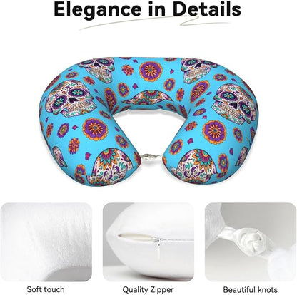 Neck Pillow Memory Foam Chin Cushion with Breathable Cover Mexican Sugar Skulls Day of The Dead Cross Flowers Green, Cute Airplane Car Pillows for Office Head Pain Relief