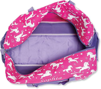 Lillian Vernon Personalized Duffel Bag for Kids, Roomy Pink Unicorn Weekender With Front & Side Compartment, Customizable Girls Sports & Travel Bags With Custom Name, 11" x 12" x 23"