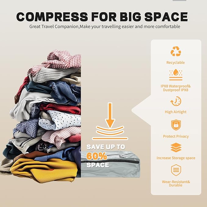 Reusable Vacuum Bags for Travel,Professional Waterproof IPX8 Vacuum Compression Bag for Suitcases Backpack,Space Saver Bags Packing Organizers for Clothing Packing(NO PUMP)
