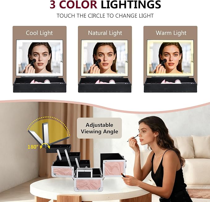 Travel Makeup Case with LED Lighted Mirror - 11.6" Portable Makeup Organizer Box, Cosmetic Train Case with Detachable Brush Holder - Fluid Pink