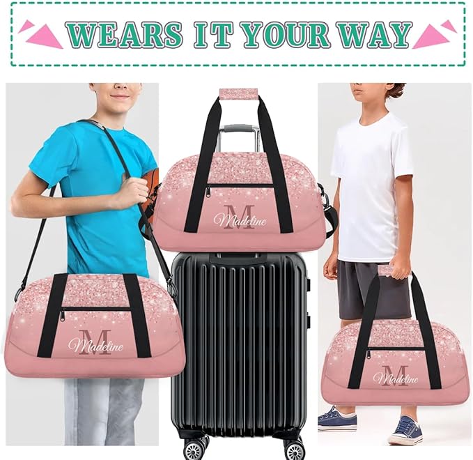 Personalized Kids Sports Duffel Bag with Name Custom Weekender Overnight Bag for Boys Girls Gym Bag Travel Dance Gymnastics Duffel Bag, Pink Glitter