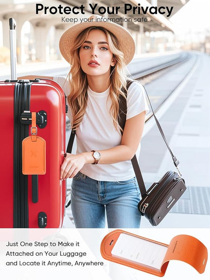 Luggage Tags Built-in Anti-Loss Tracker, Luxury Leather Luggage Tags for Suitcase, Travel Bags, Backpacks, Travel Organizer for Lost Baggage Prevention (Orange*3 Pack)