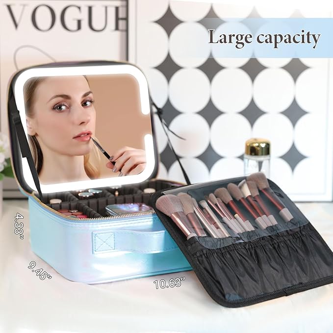 Travel Makeup Bag with LED Lighted Mirror, Cosmetic Makeup Organizer Bag with 3 Color Setting, Makeup Train Case with Adjustable Dividers for Women Makeup Brushes Jewelry Accessories