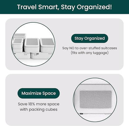 NOBL Travel Compressible Packing Cubes Set, 6 Pieces Travel Packing Organizers, Compression Luggage Cubes for Suitcases & Carry On, Space Saving (XXS, XS, S, M, L, XL) - Ivory