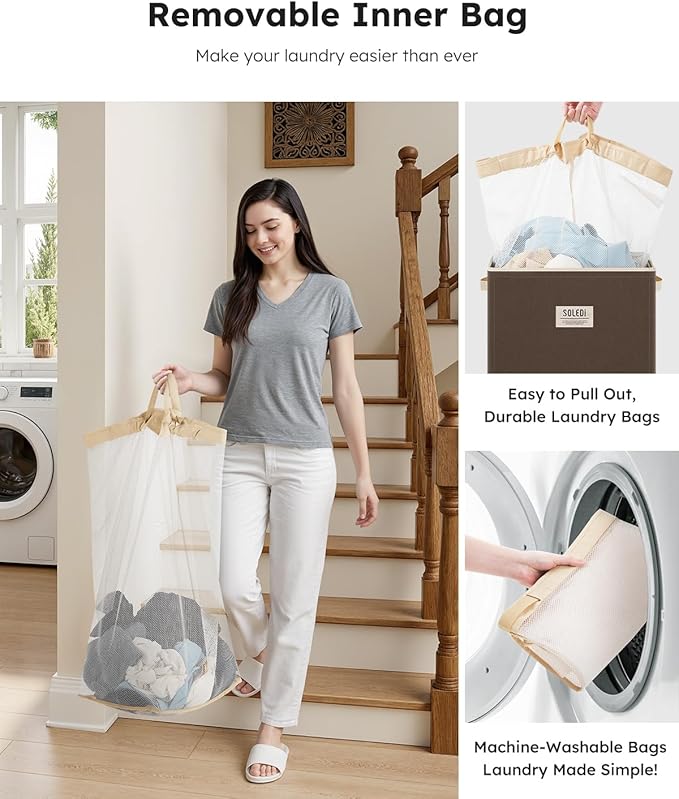 SOLEDI Laundry Hamper with Lid 100L Large & Tall Collapsible Laundry Basket, Clothes Hamper with Bag Removable Easy to Carry, Dirty Hampers for Bedroom, Bathroom, Dorm, College, Chocolate