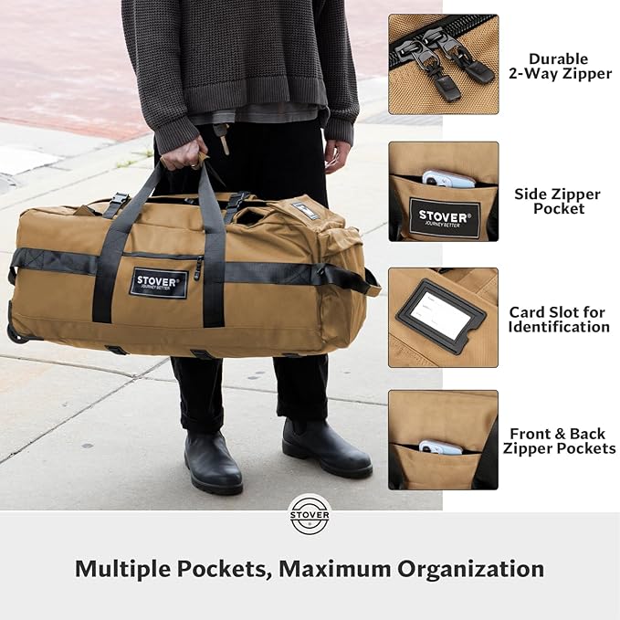 STOVER 80L Rolling Duffel Bag with Wheels, Large Durable Travel Duffle + Toiletry Bag, Heavy Duty, Packable, Foldable with Shoulder Straps- Use as Luggage or Backpack, Men/Women (Tan)