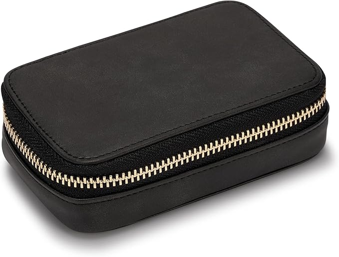 HISCOW Vegan Leather Travel Jewelry Case with Zipper - Portable Necklace & Earring Holder Organizer for Women Girls, Velvet-Lined Ring Box with Anti-Tarnish Design, Black