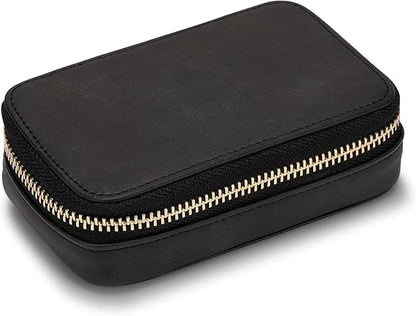 HISCOW Vegan Leather Travel Jewelry Case with Zipper - Portable Necklace & Earring Holder Organizer for Women Girls, Velvet-Lined Ring Box with Anti-Tarnish Design, Black