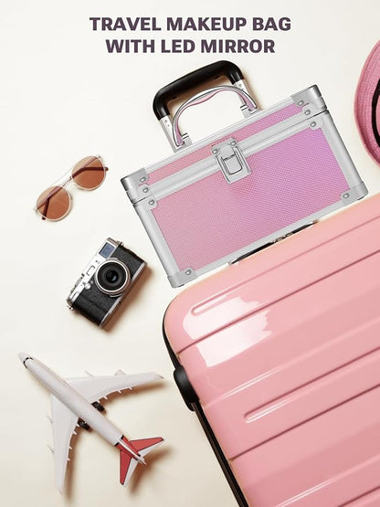 Qislee Makeup Box Mini with A Detachable Lighted Mirror, Waterproof Small Makeup Case,Cosmetic Organizer and Travel Train Case with Magnetic LED Mirror(Silver Frame Iridescent Pink)