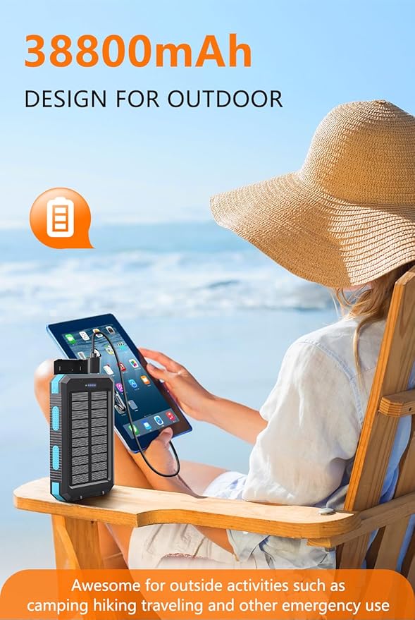 Power Bank 38800mAh Solar Portable Phone Charger with USB-C Fast Charging Battery Pack, with Compass LED Flashlight IP65 Waterproof, Compatible with iPhone, Samsung, iPad, Perfect for Outdoor, Camping
