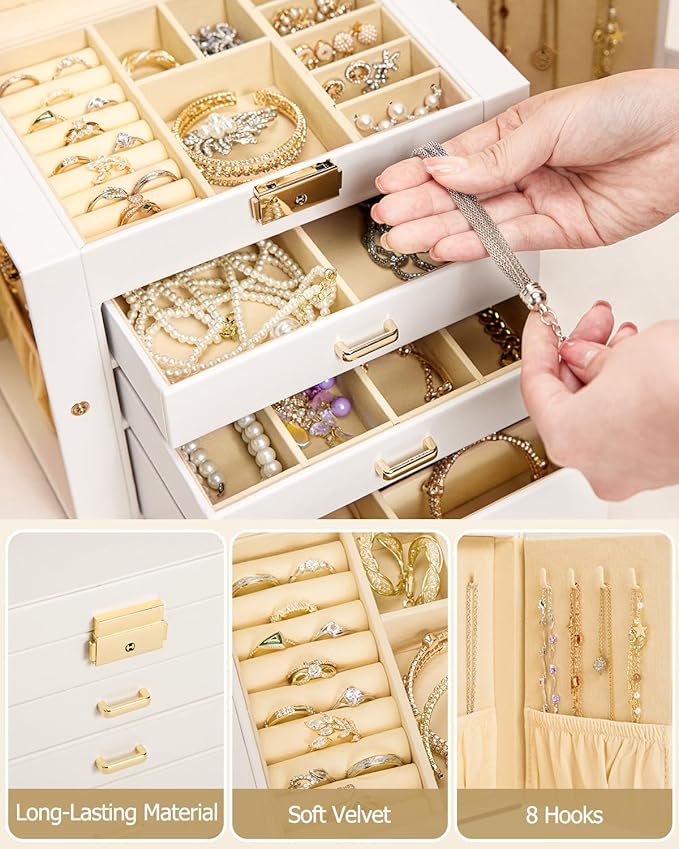 Homde 2 IN 1 Jewelry Box for Women Girls with Small Travel Case Mirror Necklace Ring Earrings Organizer - Christmas Gifts(White + Gold)