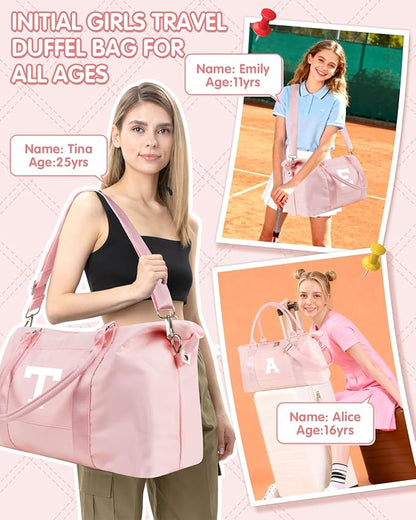 Initial Travel Duffel Bag Sports Gym Bag for Girls Teen Birthday Gifts,Pink Personalized Weekender Bag Carry On Tote Bags for Women Men,Waterproof Overnight Luggage Bag with Trolley Sleeve(Letter M)