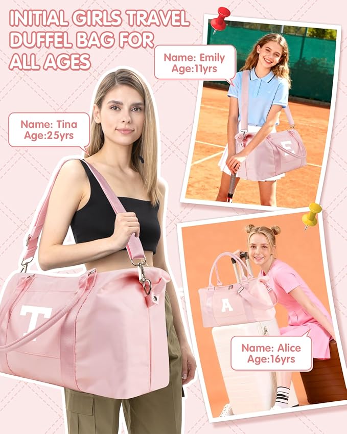 Initial Travel Duffel Bag Sports Gym Bag for Girls Teen Birthday Gifts,Pink Personalized Weekender Bag Carry On Tote Bags for Women Men,Waterproof Overnight Luggage Bag with Trolley Sleeve(Letter D)