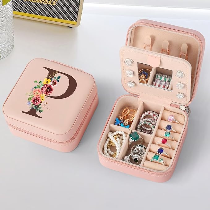 Parima Gifts for Coworkers - Small Funny Gifts for Coworkers Female, Coworkers Gift Ideas, Thank You Appreciation Gifts for Coworkers Pink Initial Travel Jewelry Case Jewelry Box - Letter P, Pink