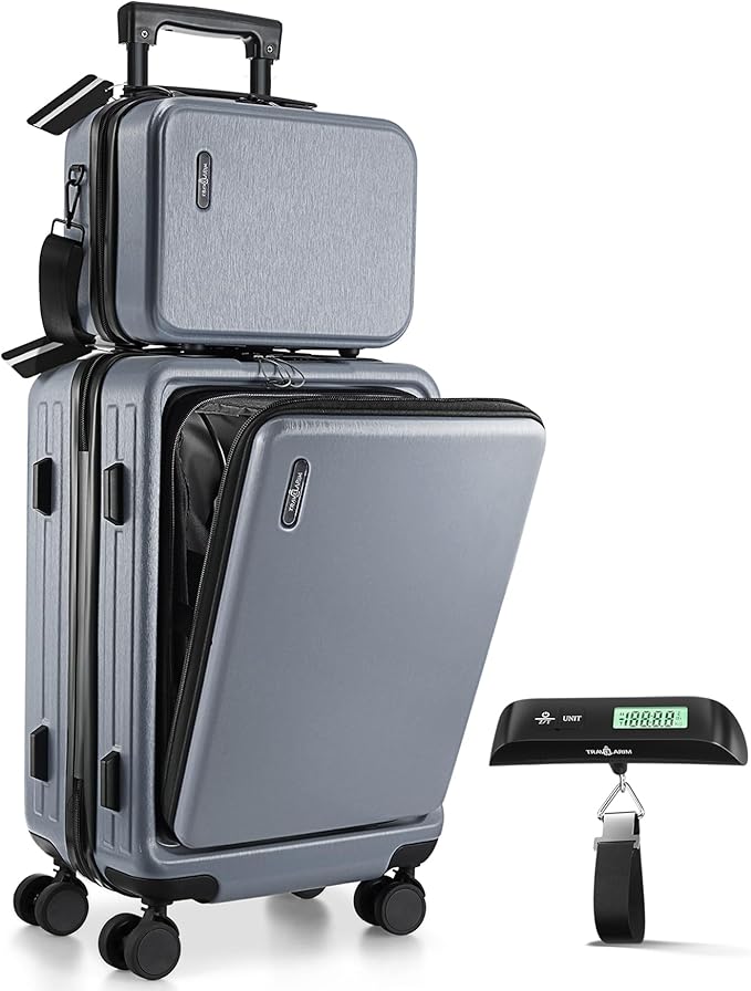 TRAVELARIM 22 Inch Carry On Luggage 22x14x9 Airline Approved, Small Carry On Suitcase, Hard-shell Carry-on Luggage with Wheels, Durable Grey Luggage Carry-On with Cosmetic Case and Luggage Scale